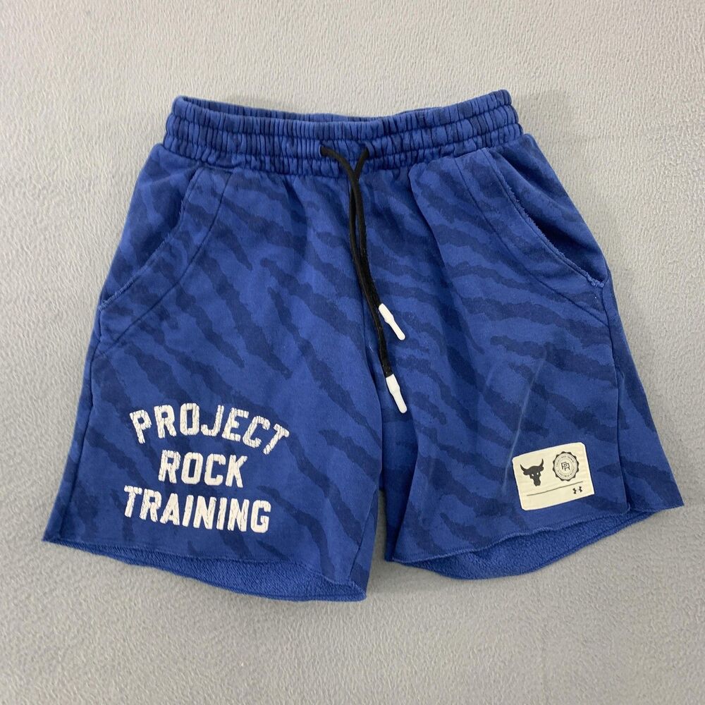 Under Armour Project Rock Training Shorts Mens Small Blue Camo Fleece Athletic